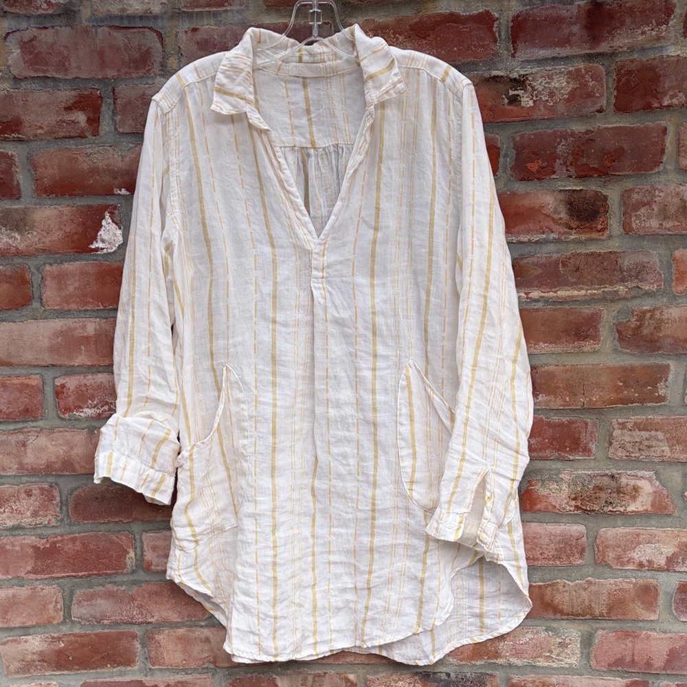 CP Shades white linen Teton  Tunic Top with yellow stripe